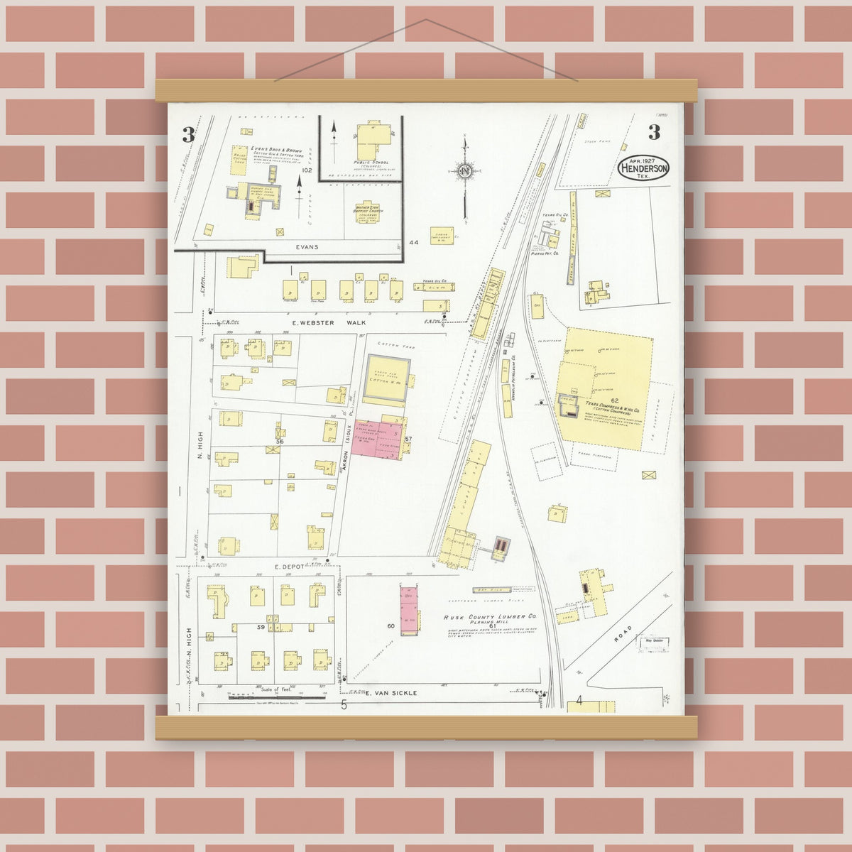 Old map wall art mockup — magnetic wood frame on brick wall — Sanborn Fire Insurance Map from Henderson, Rusk County, Texas (1927), Sheet #0003