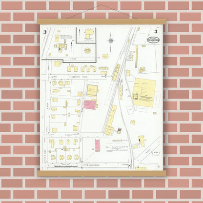 Old map wall art mockup — magnetic wood frame on brick wall — Sanborn Fire Insurance Map from Henderson, Rusk County, Texas (1927), Sheet #0003