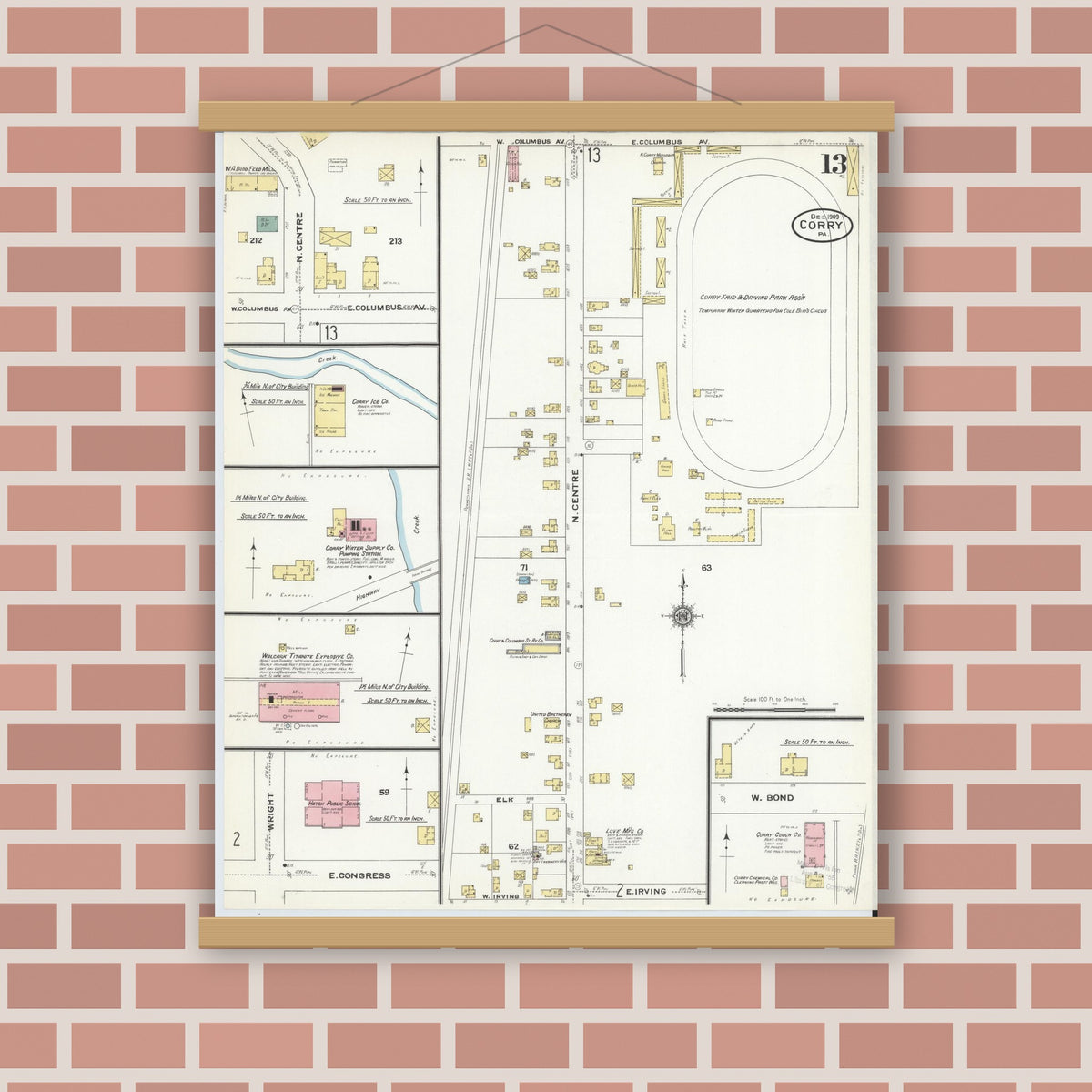 Old map wall art mockup — magnetic wood frame on brick wall — Sanborn Fire Insurance Map from Corry, Erie County, Pennsylvania (1909), Sheet #0013