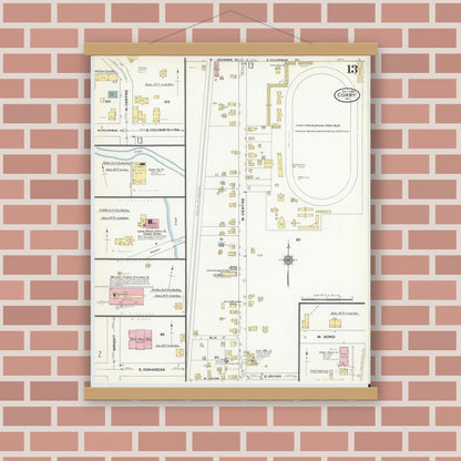 Old map wall art mockup — magnetic wood frame on brick wall — Sanborn Fire Insurance Map from Corry, Erie County, Pennsylvania (1909), Sheet #0013