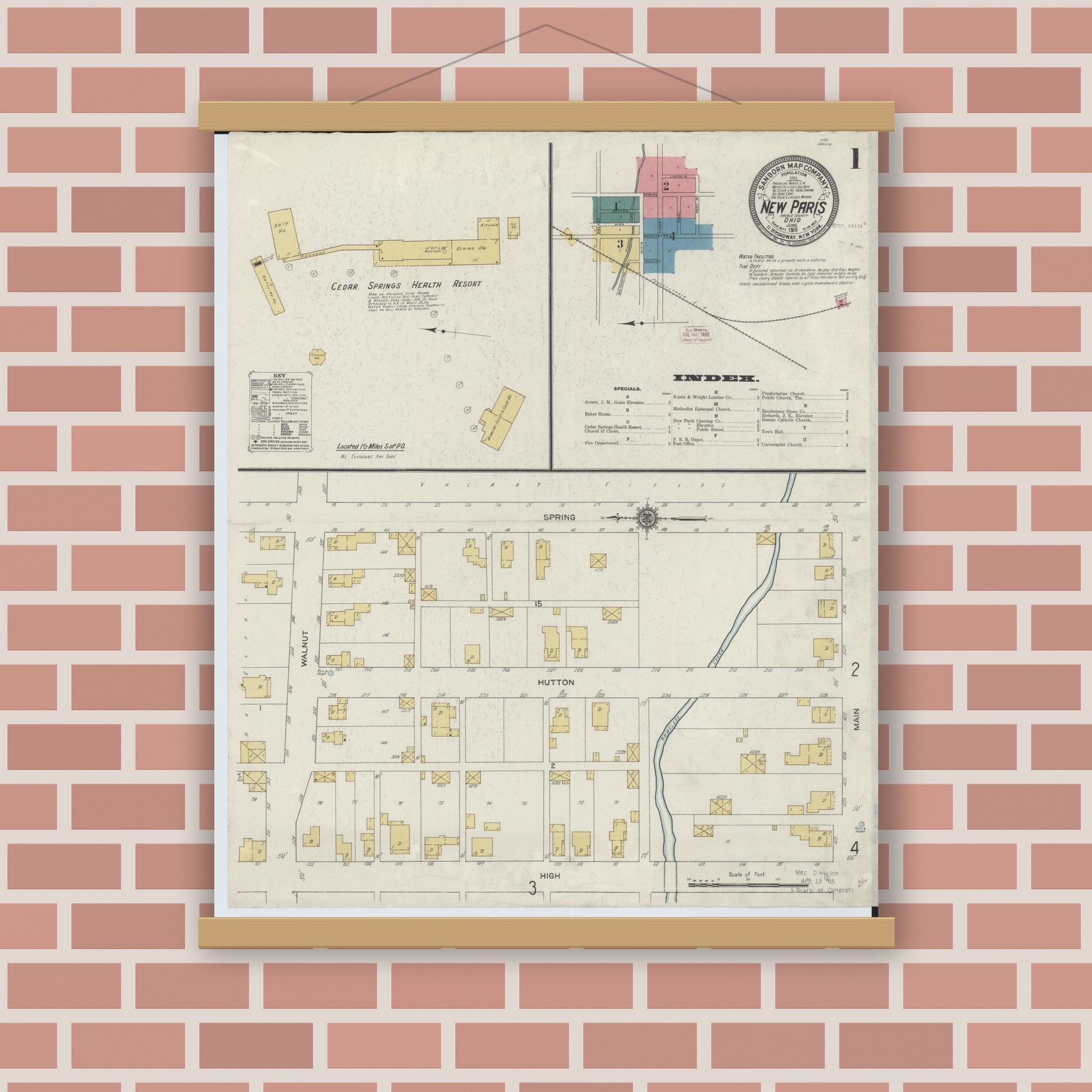 Old map wall art mockup — magnetic wood frame on brick wall — Sanborn Fire Insurance Map from New Paris, Preble County, Ohio (1911) - Complete Map Set