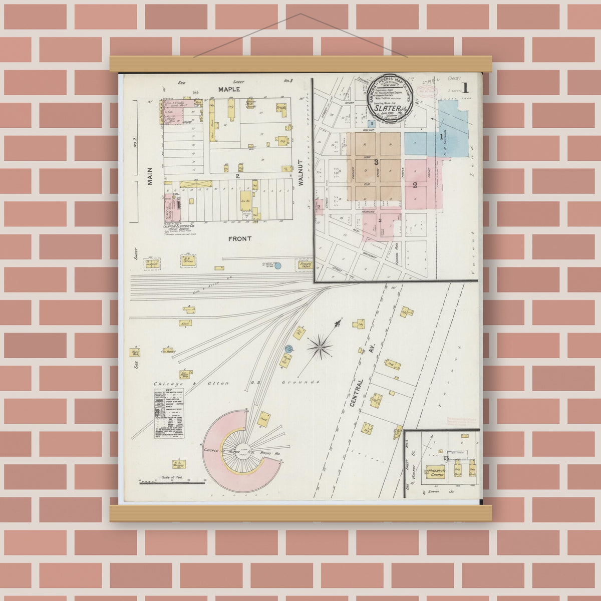 Old map wall art mockup — magnetic wood frame on brick wall — Sanborn Fire Insurance Map from Slater, Saline County, Missouri (1890) - Complete Map Set