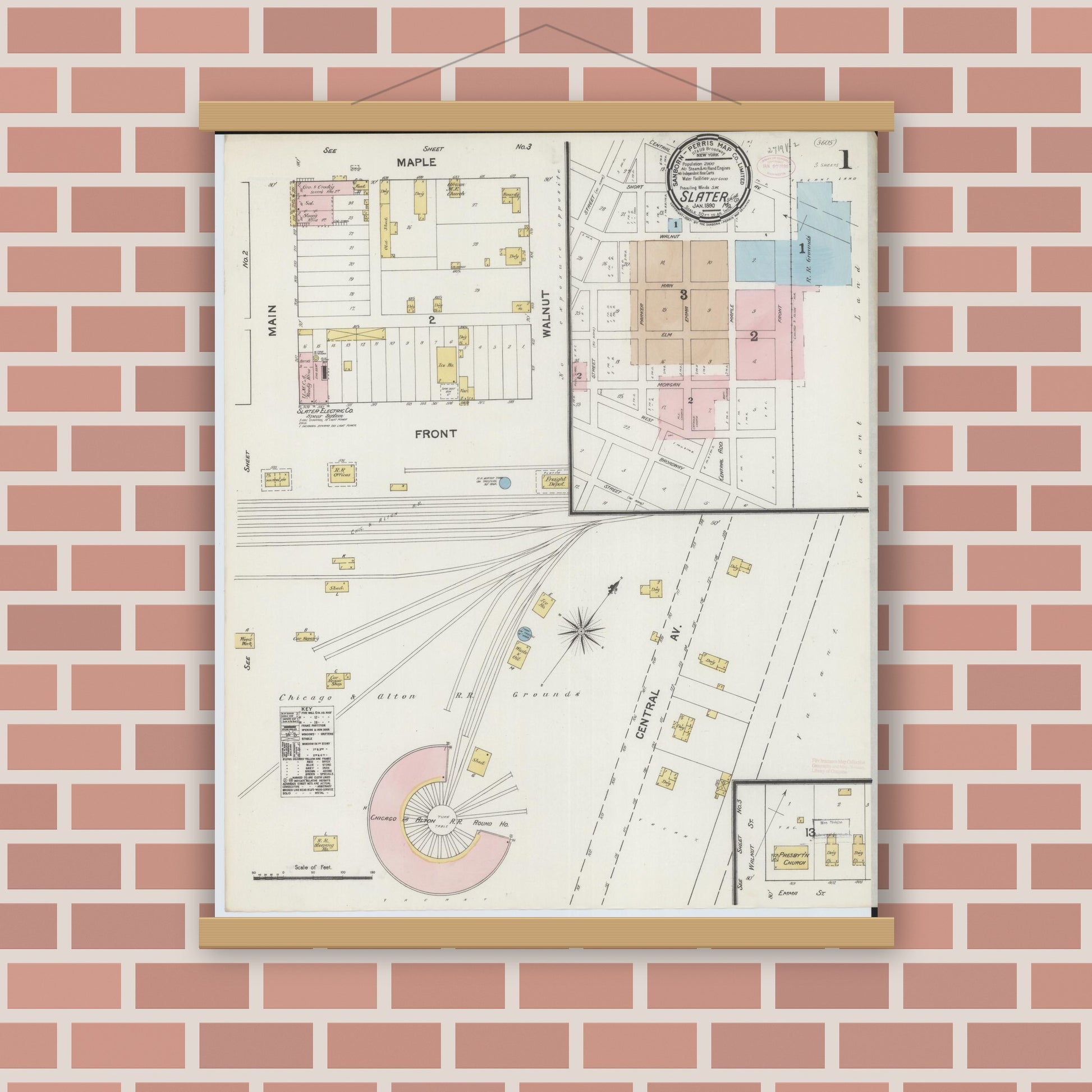 Old map wall art mockup — magnetic wood frame on brick wall — Sanborn Fire Insurance Map from Slater, Saline County, Missouri (1890) - Complete Map Set