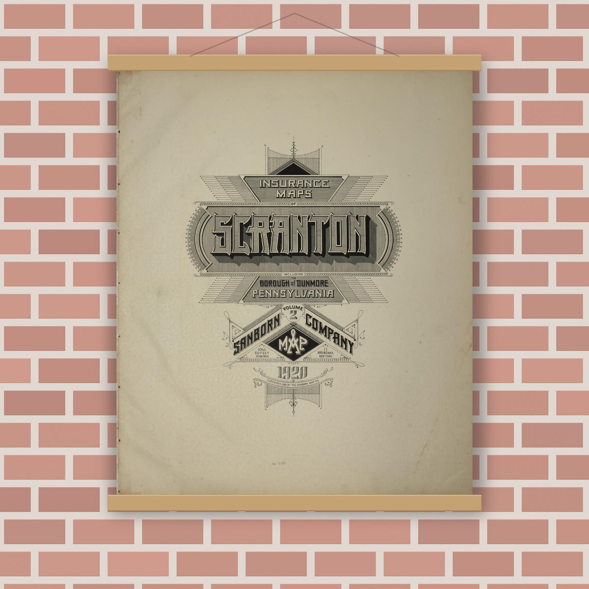 Old map wall art mockup — magnetic wood frame on brick wall — Sanborn Fire Insurance Map from Scranton, Lackawanna County, Pennsylvania (1920), Sheet #0001