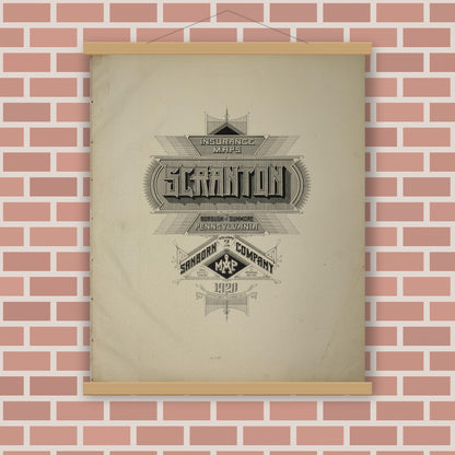 Old map wall art mockup — magnetic wood frame on brick wall — Sanborn Fire Insurance Map from Scranton, Lackawanna County, Pennsylvania (1920), Sheet #0001