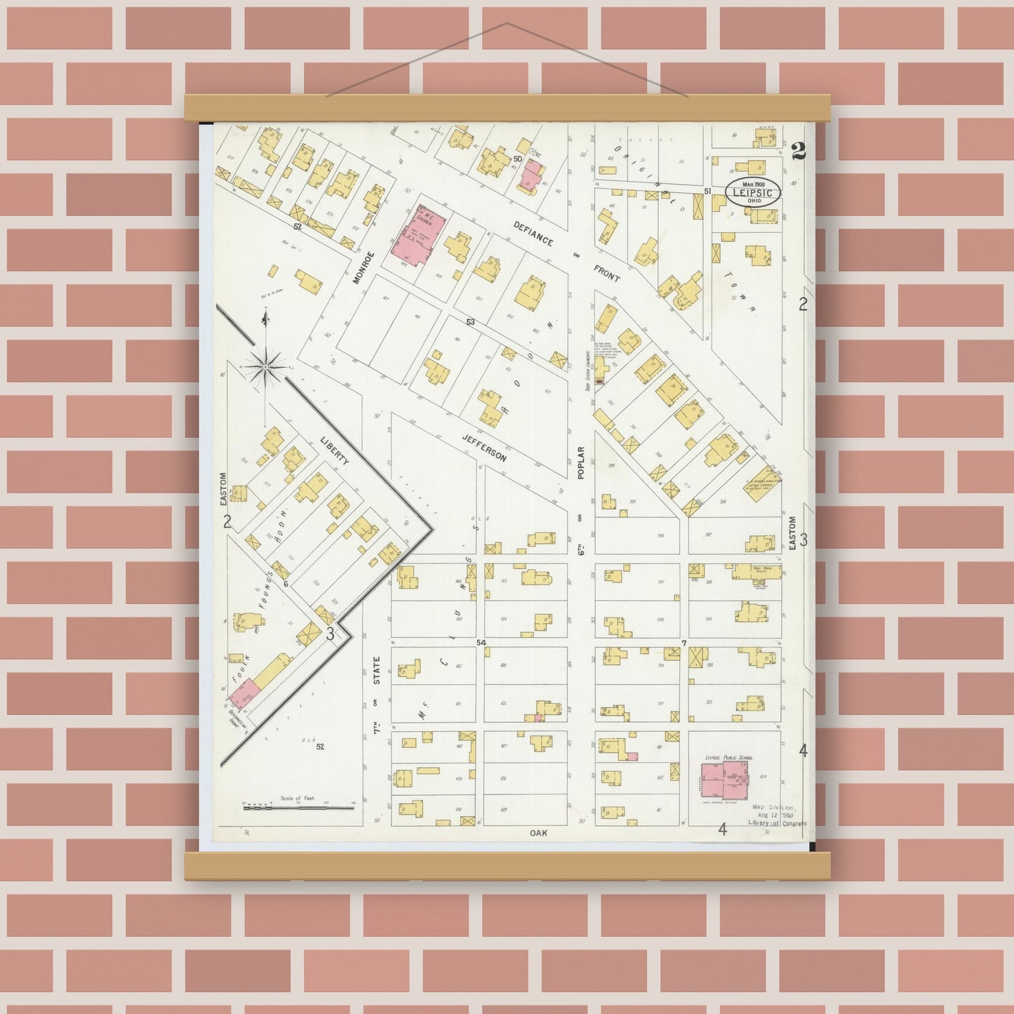 Old map wall art mockup — magnetic wood frame on brick wall — Sanborn Fire Insurance Map from Leipsic, Putnam County, Ohio (1900), Sheet #0002