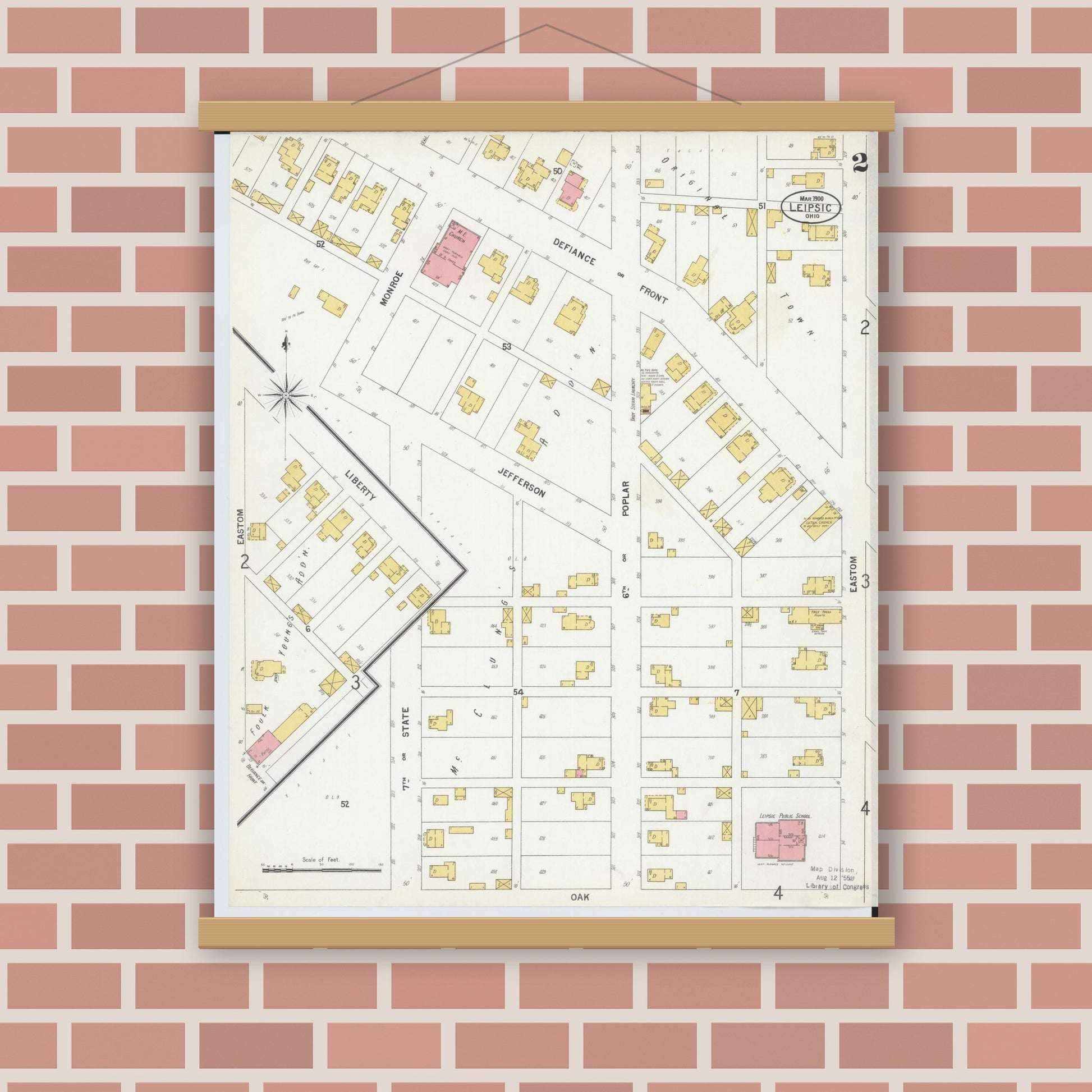 Old map wall art mockup — magnetic wood frame on brick wall — Sanborn Fire Insurance Map from Leipsic, Putnam County, Ohio (1900), Sheet #0002