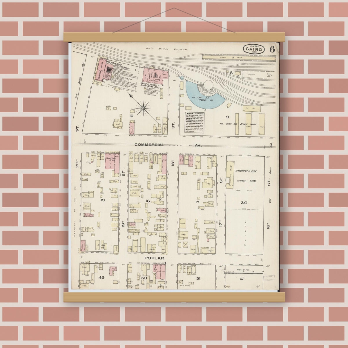 Old map wall art mockup — magnetic wood frame on brick wall — Sanborn Fire Insurance Map from Cairo, Alexander County, Illinois (1885), Sheet #0006