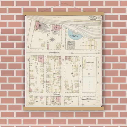 Old map wall art mockup — magnetic wood frame on brick wall — Sanborn Fire Insurance Map from Cairo, Alexander County, Illinois (1885), Sheet #0006
