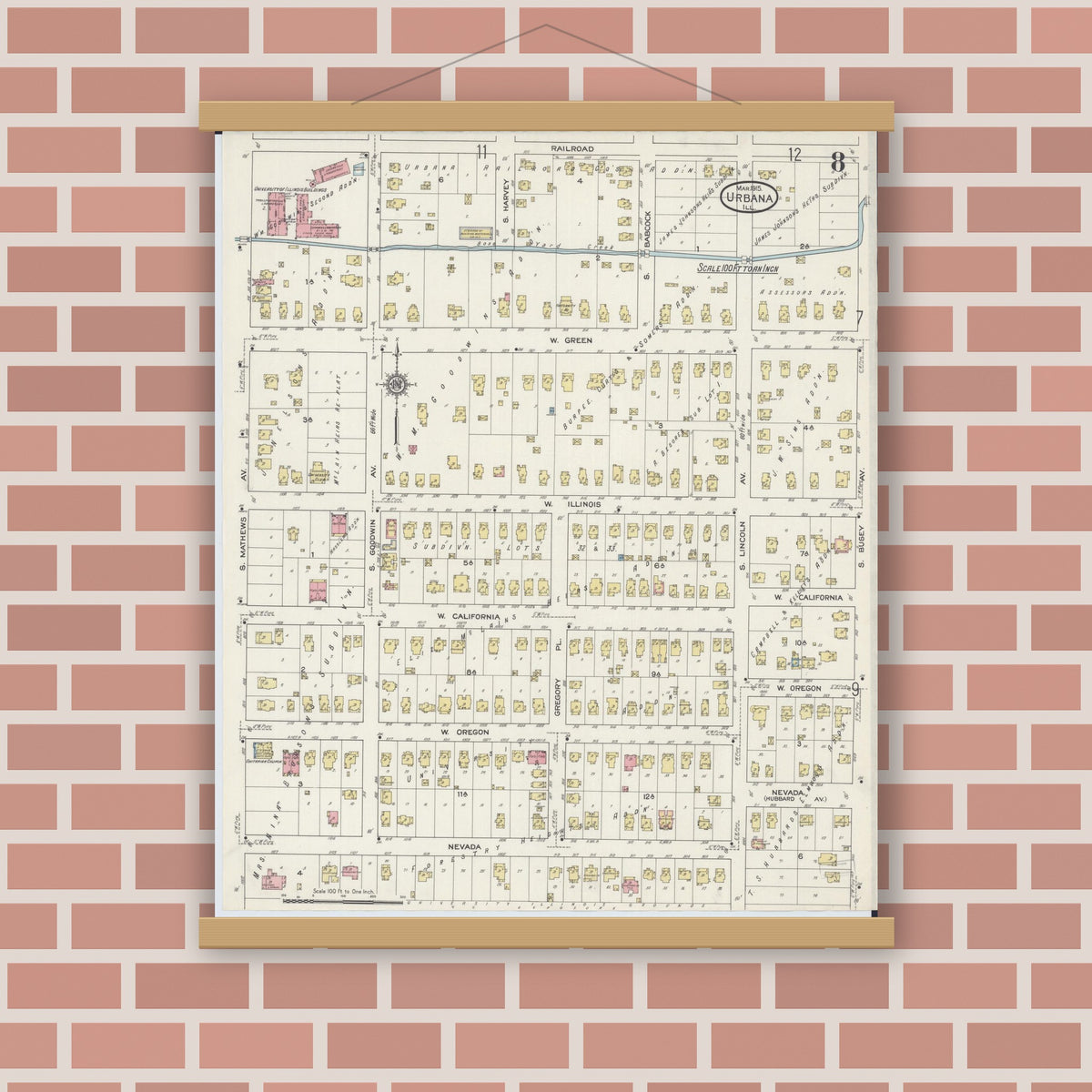 Old map wall art mockup — magnetic wood frame on brick wall — Sanborn Fire Insurance Map from Urbana, Champaign County, Illinois (1915), Sheet #0008