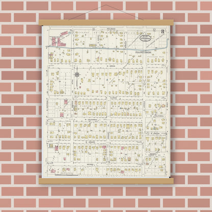 Old map wall art mockup — magnetic wood frame on brick wall — Sanborn Fire Insurance Map from Urbana, Champaign County, Illinois (1915), Sheet #0008