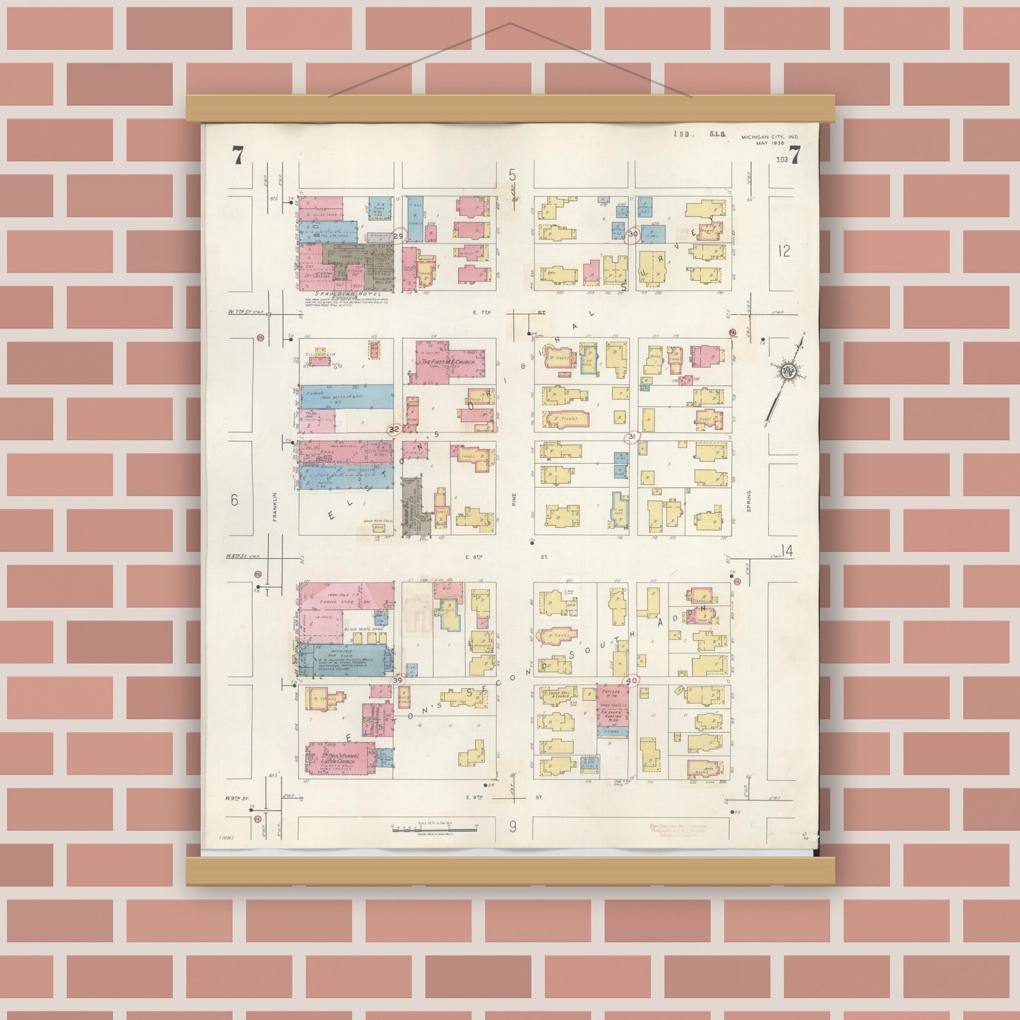Old map wall art mockup — magnetic wood frame on brick wall — Sanborn Fire Insurance Map from Michigan City, La Porte County, Indiana (1948), Sheet #0007