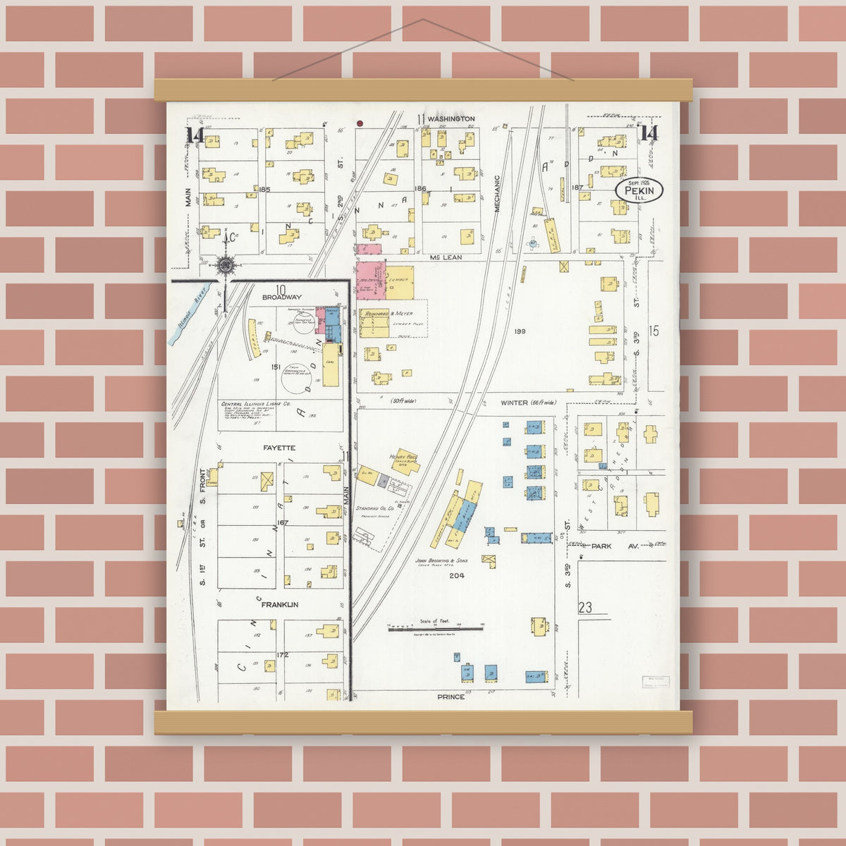 Old map wall art mockup — magnetic wood frame on brick wall — Sanborn Fire Insurance Map from Pekin, Tazewell County, Illinois (1925), Sheet #0014