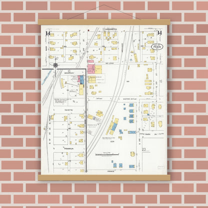 Old map wall art mockup — magnetic wood frame on brick wall — Sanborn Fire Insurance Map from Pekin, Tazewell County, Illinois (1925), Sheet #0014