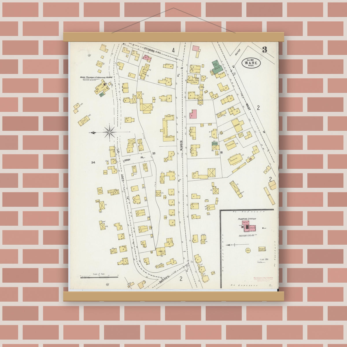 Old map wall art mockup — magnetic wood frame on brick wall — Sanborn Fire Insurance Map from Ware, Hampshire County, Massachusetts (1902), Sheet #0003