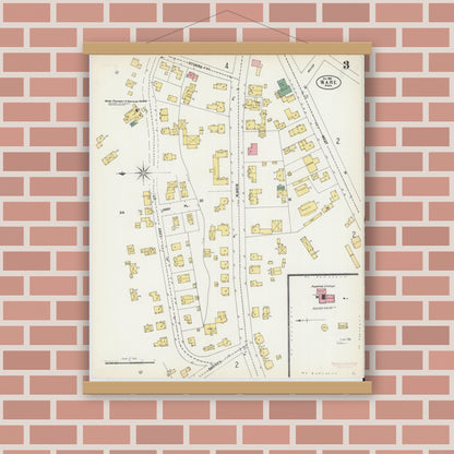 Old map wall art mockup — magnetic wood frame on brick wall — Sanborn Fire Insurance Map from Ware, Hampshire County, Massachusetts (1902), Sheet #0003