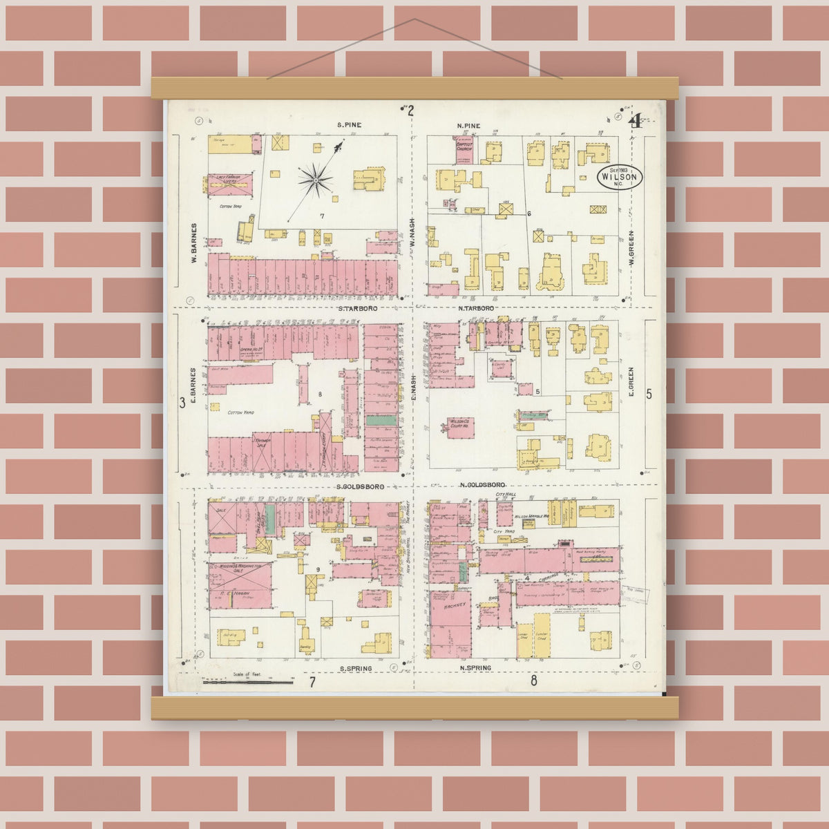 Old map wall art mockup — magnetic wood frame on brick wall — Sanborn Fire Insurance Map from Wilson, Wilson County, North Carolina (1903), Sheet #0004