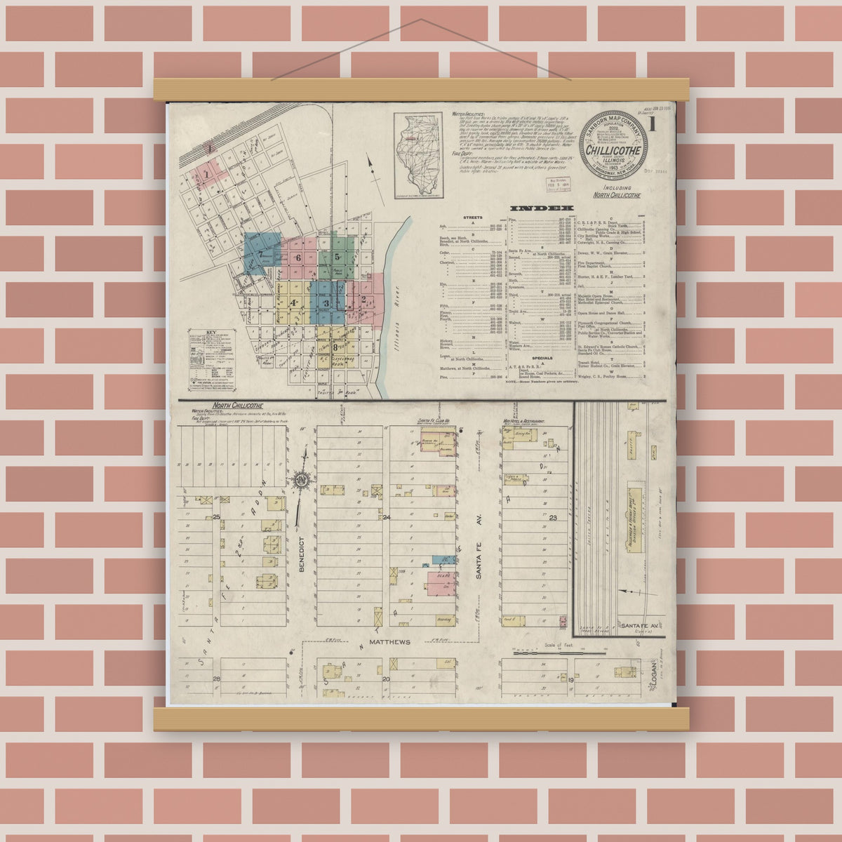 Old map wall art mockup — magnetic wood frame on brick wall — Sanborn Fire Insurance Map from Chillicothe, Peoria County, Illinois (1913), Sheet #0001