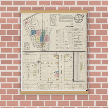 Old map wall art mockup — magnetic wood frame on brick wall — Sanborn Fire Insurance Map from Chillicothe, Peoria County, Illinois (1913), Sheet #0001