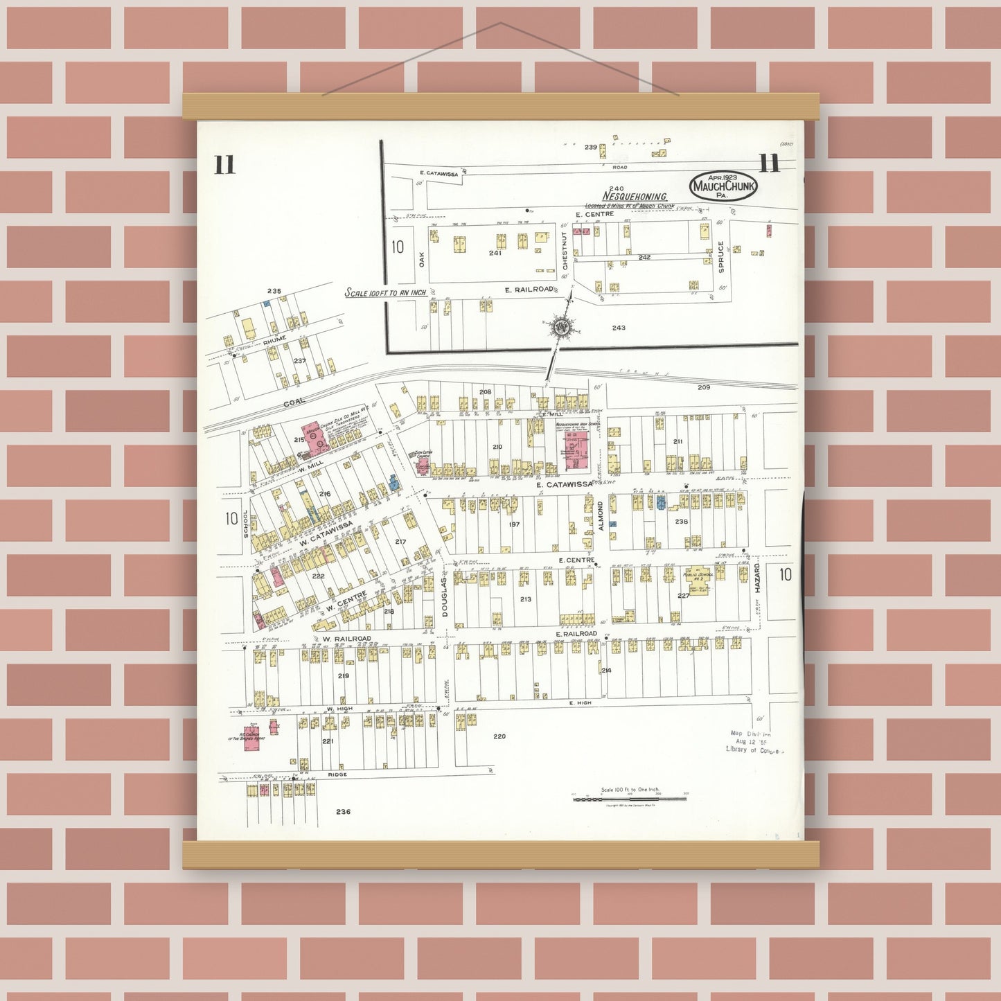 Old map wall art mockup — magnetic wood frame on brick wall — Sanborn Fire Insurance Map from Mauch Chunk, Carbon County, Pennsylvania (1923), Sheet #0011
