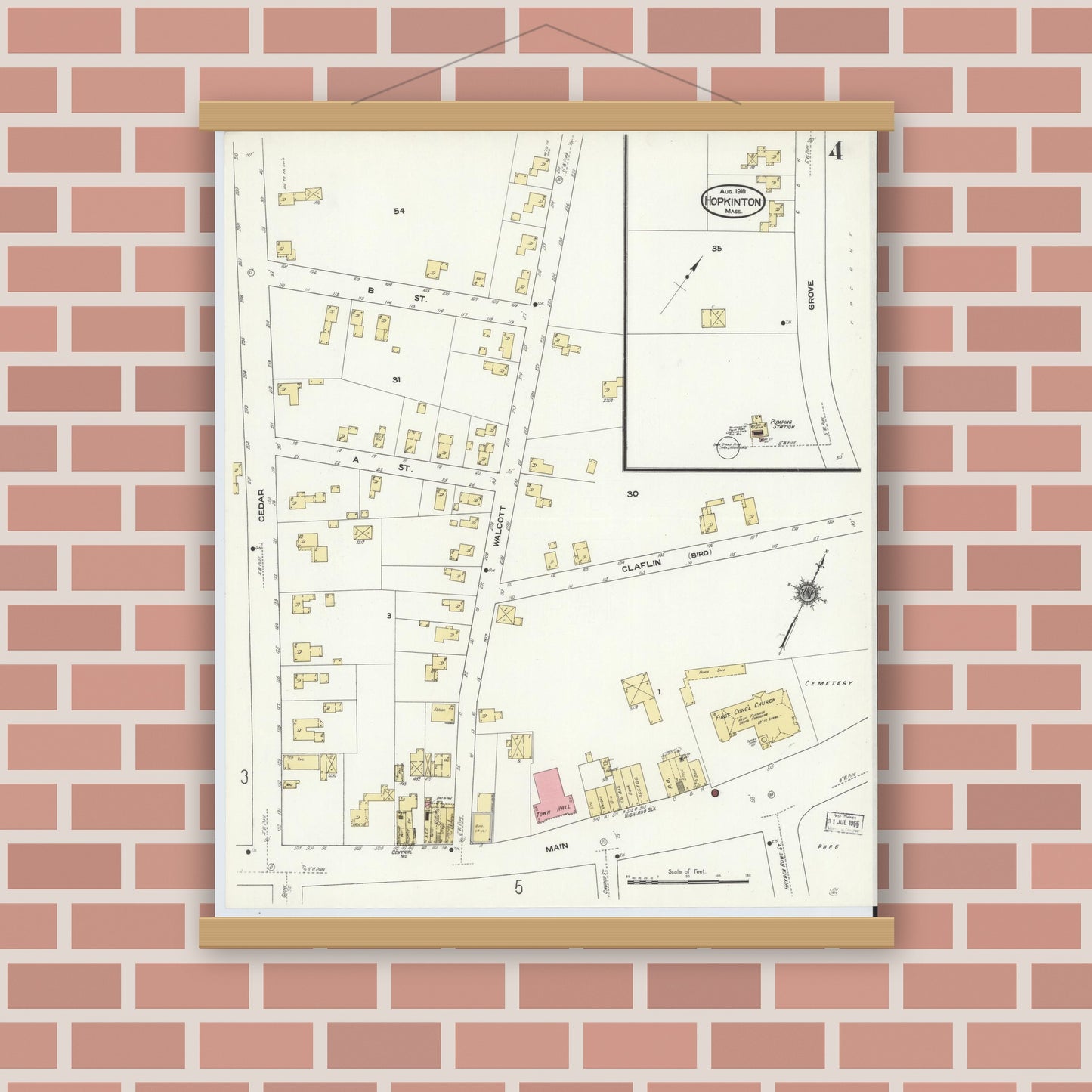 Old map wall art mockup — magnetic wood frame on brick wall — Sanborn Fire Insurance Map from Hopkinton, Middlesex County, Massachusetts (1910), Sheet #0004