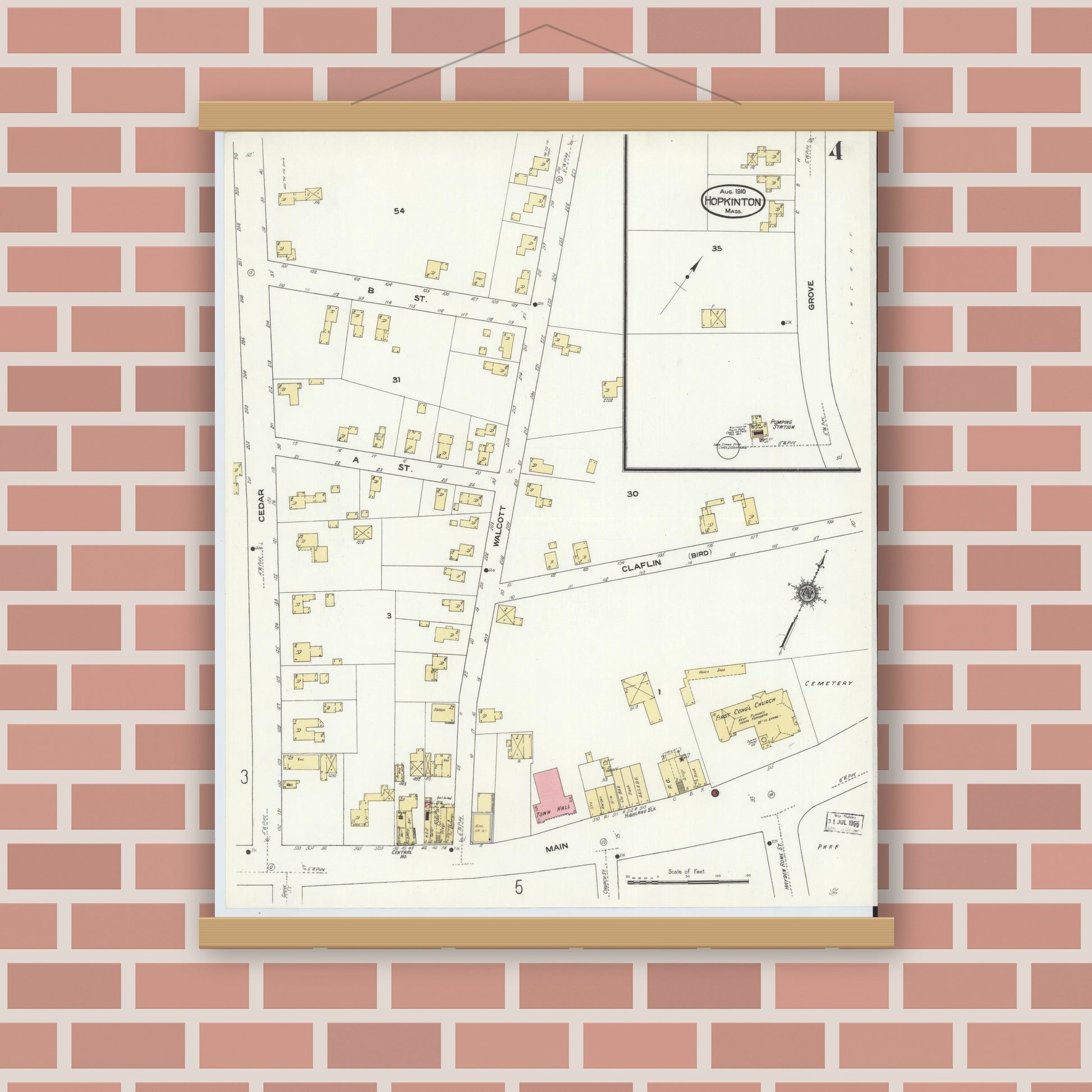 Old map wall art mockup — magnetic wood frame on brick wall — Sanborn Fire Insurance Map from Hopkinton, Middlesex County, Massachusetts (1910), Sheet #0004