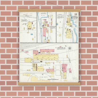 Old map wall art mockup — magnetic wood frame on brick wall — Sanborn Fire Insurance Map from Pottstown, Montgomery County, Pennsylvania (1896), Sheet #0011