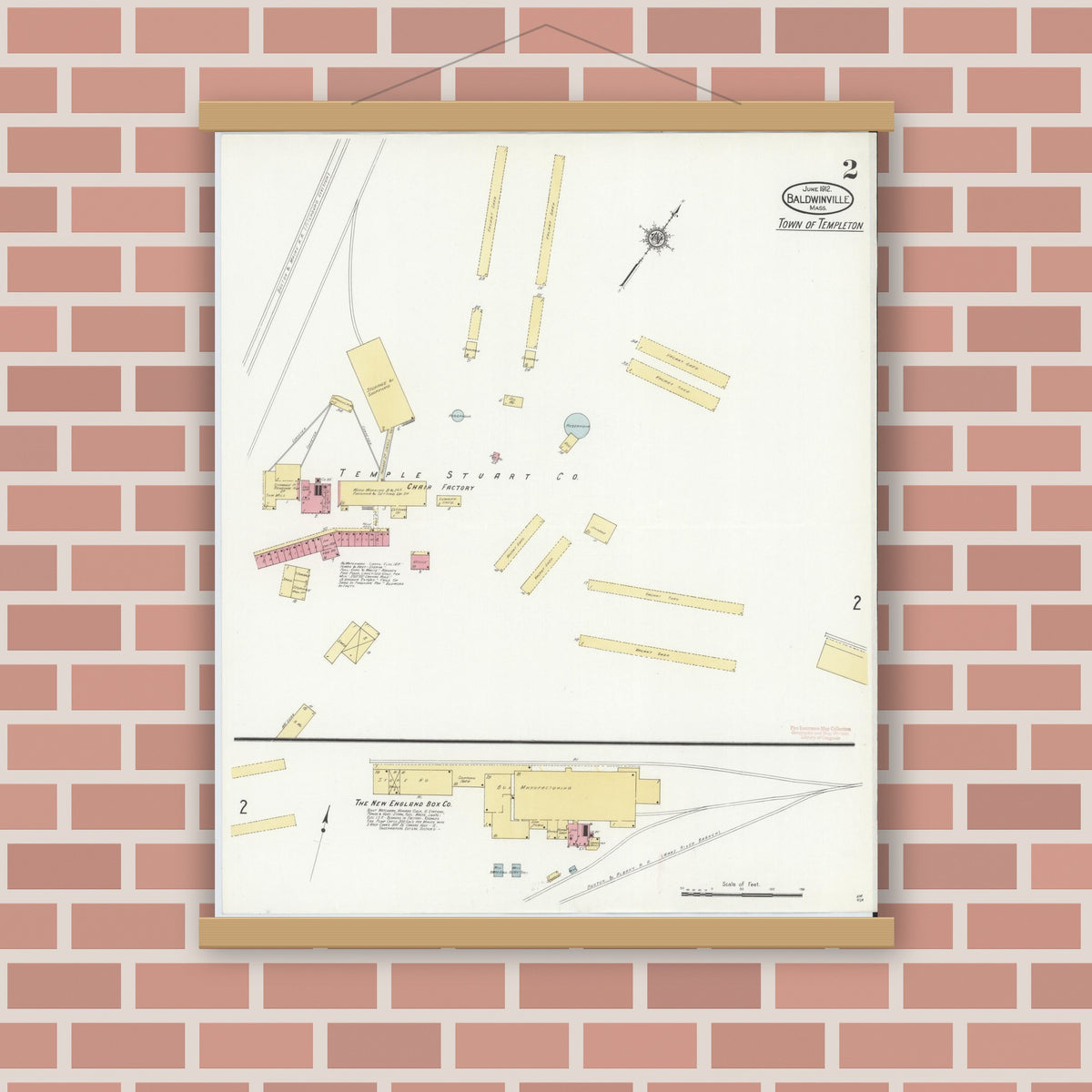 Old map wall art mockup — magnetic wood frame on brick wall — Sanborn Fire Insurance Map from Baldwinville, Worcester County, Massachusetts (1912), Sheet #0002
