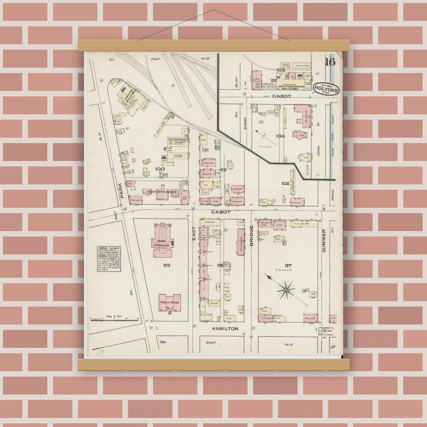 Old map wall art mockup — magnetic wood frame on brick wall — Sanborn Fire Insurance Map from Holyoke, Hampden County, Massachusetts (1884), Sheet #0016