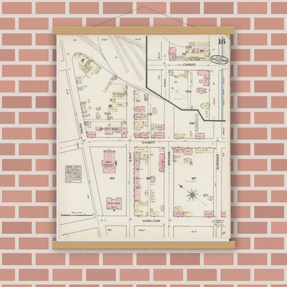 Old map wall art mockup — magnetic wood frame on brick wall — Sanborn Fire Insurance Map from Holyoke, Hampden County, Massachusetts (1884), Sheet #0016