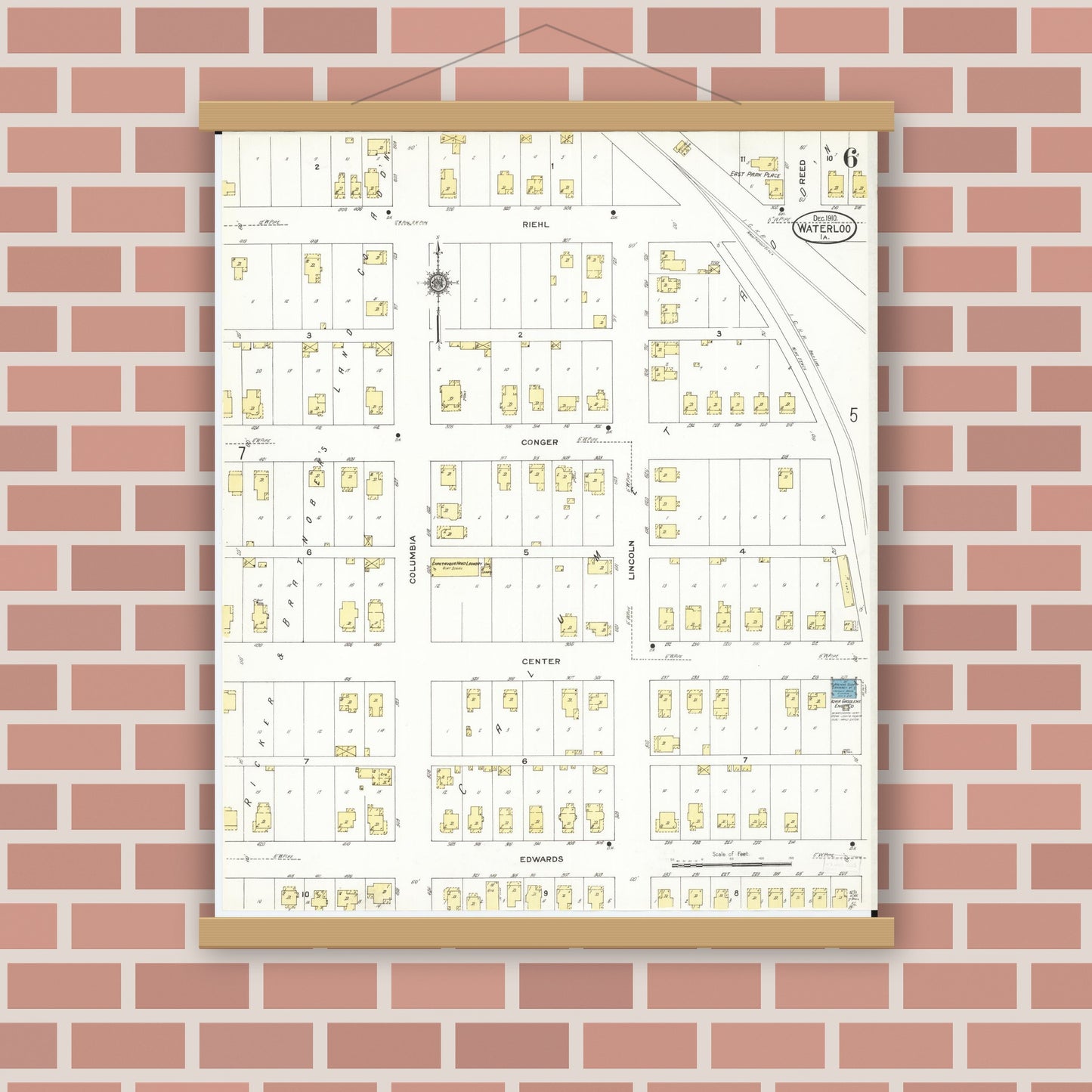 Old map wall art mockup — magnetic wood frame on brick wall — Sanborn Fire Insurance Map from Waterloo, Black Hawk County, Iowa (1910), Sheet #0006