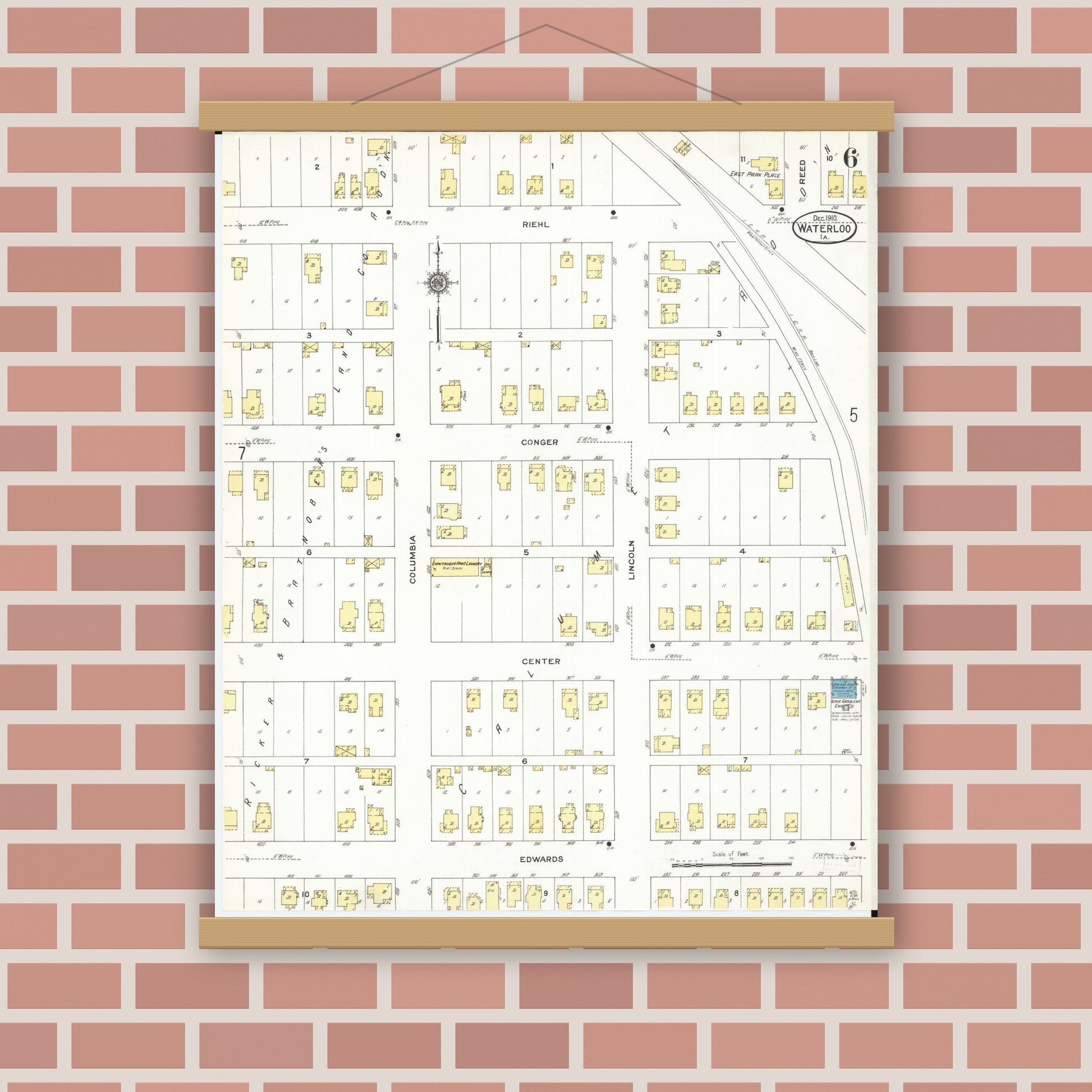 Old map wall art mockup — magnetic wood frame on brick wall — Sanborn Fire Insurance Map from Waterloo, Black Hawk County, Iowa (1910), Sheet #0006