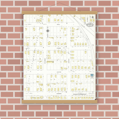 Old map wall art mockup — magnetic wood frame on brick wall — Sanborn Fire Insurance Map from Waterloo, Black Hawk County, Iowa (1910), Sheet #0006