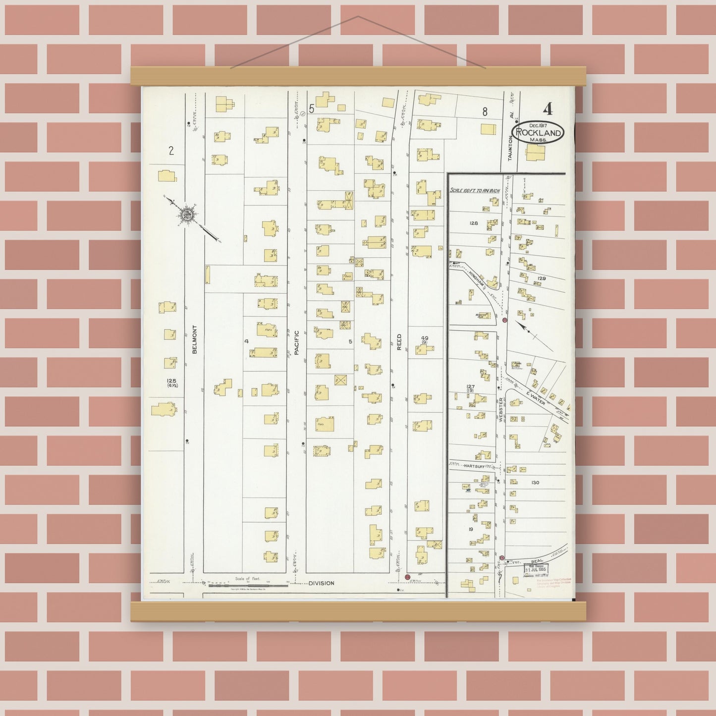 Old map wall art mockup — magnetic wood frame on brick wall — Sanborn Fire Insurance Map from Rockland, Plymouth County, Massachusetts (1917), Sheet #0004