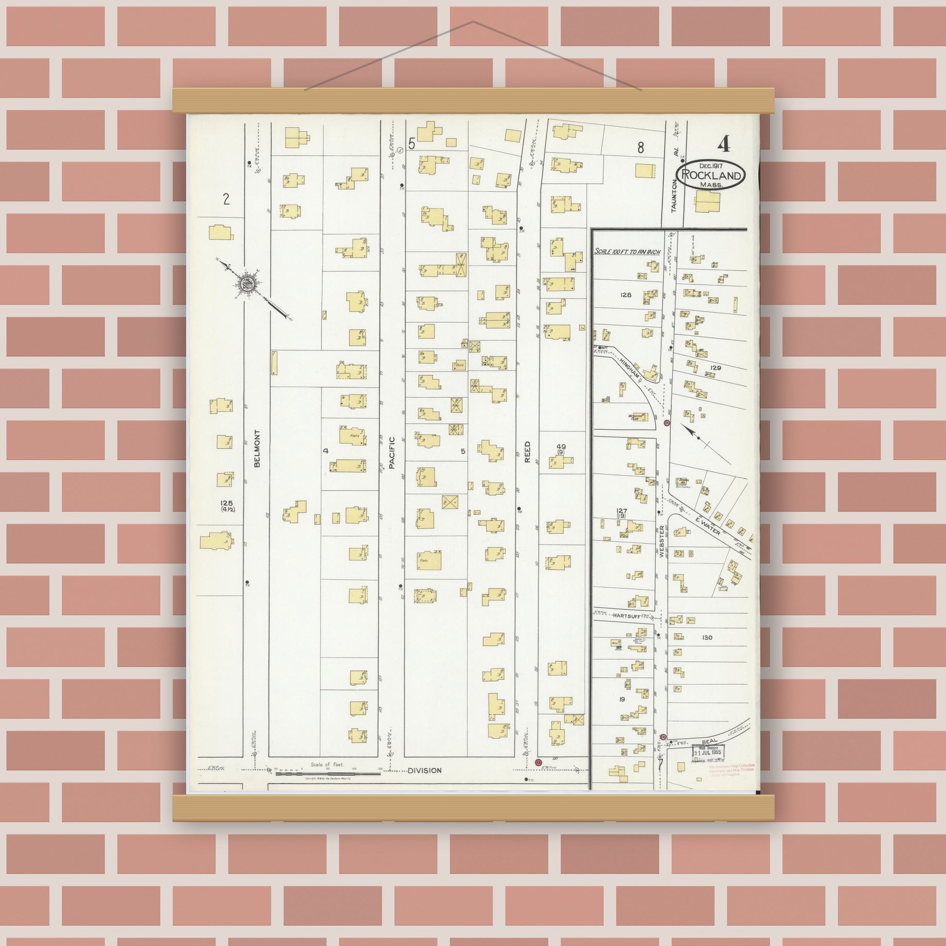 Old map wall art mockup — magnetic wood frame on brick wall — Sanborn Fire Insurance Map from Rockland, Plymouth County, Massachusetts (1917), Sheet #0004
