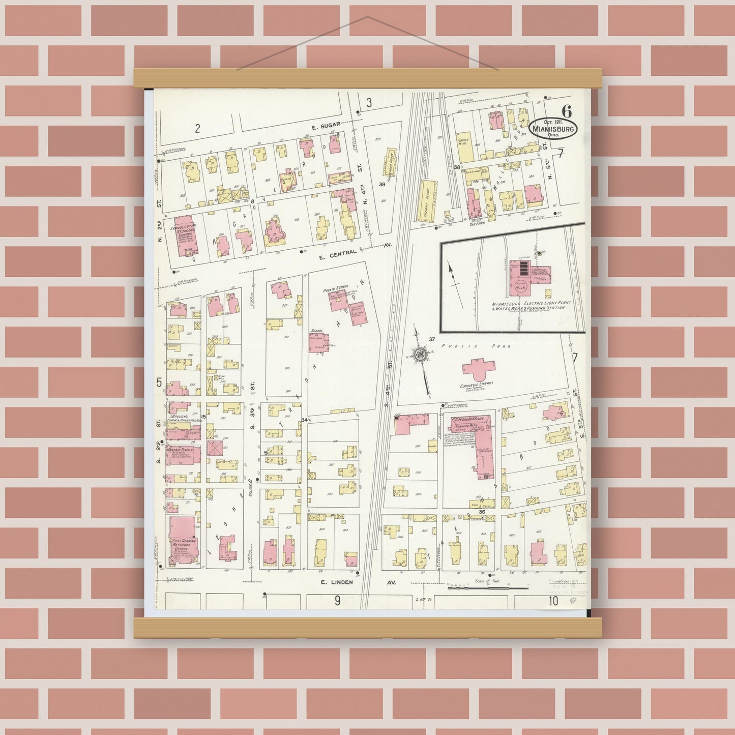 Old map wall art mockup — magnetic wood frame on brick wall — Sanborn Fire Insurance Map from Miamisburg, Montgomery County, Ohio (1911), Sheet #0006