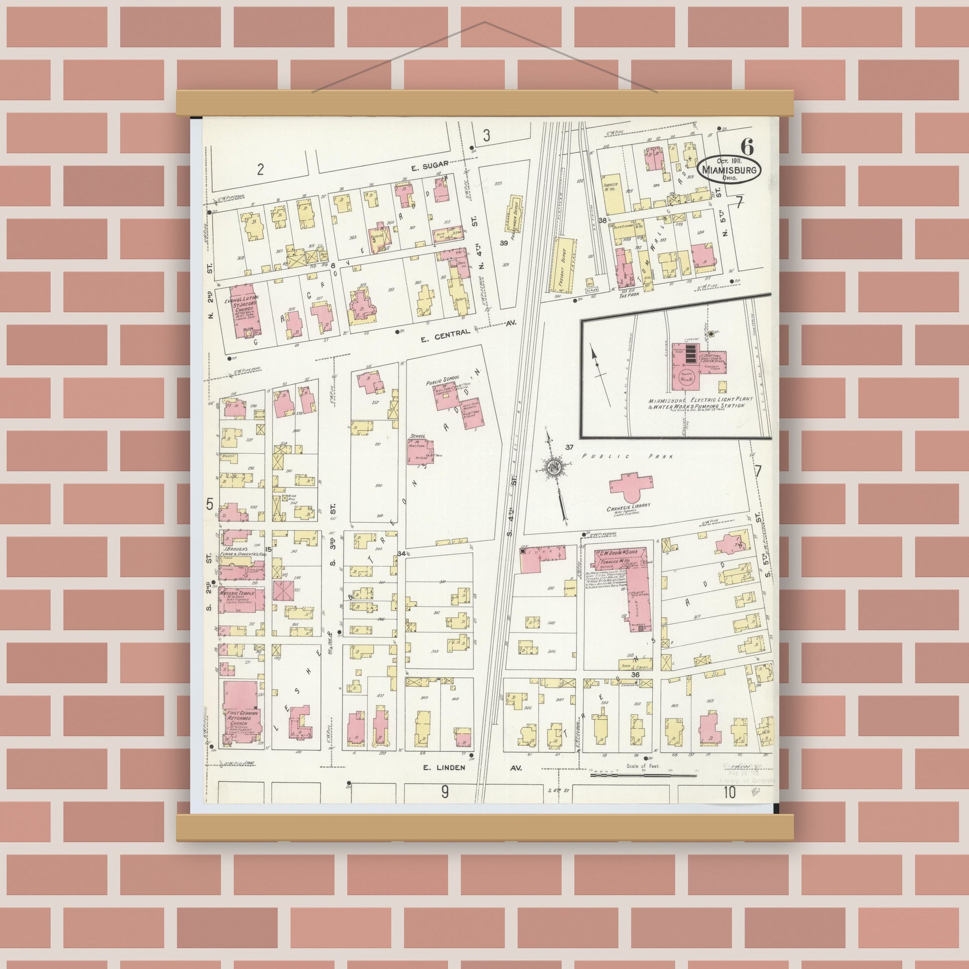 Old map wall art mockup — magnetic wood frame on brick wall — Sanborn Fire Insurance Map from Miamisburg, Montgomery County, Ohio (1911), Sheet #0006