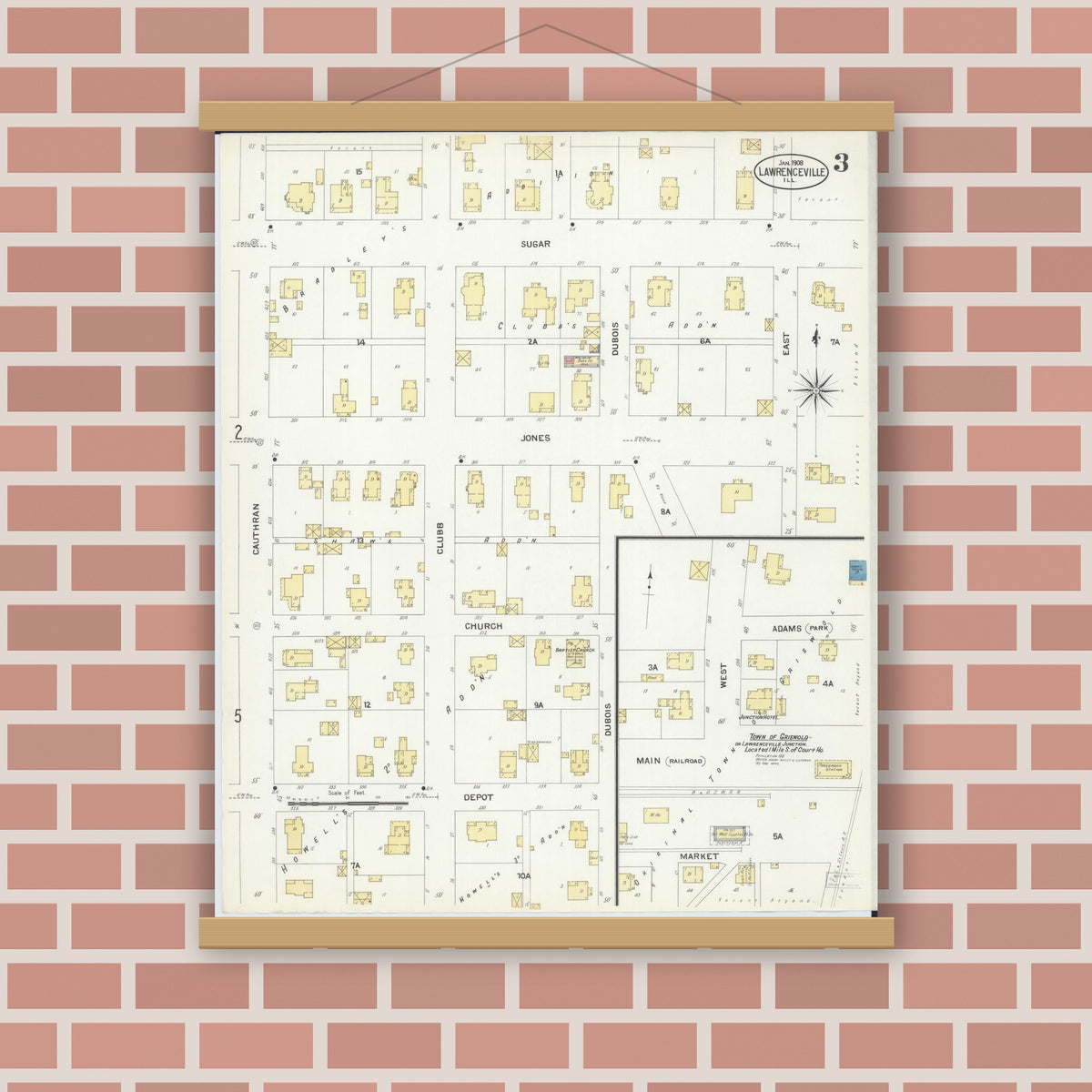 Old map wall art mockup — magnetic wood frame on brick wall — Sanborn Fire Insurance Map from Lawrenceville, Lawrence County, Illinois (1908), Sheet #0003