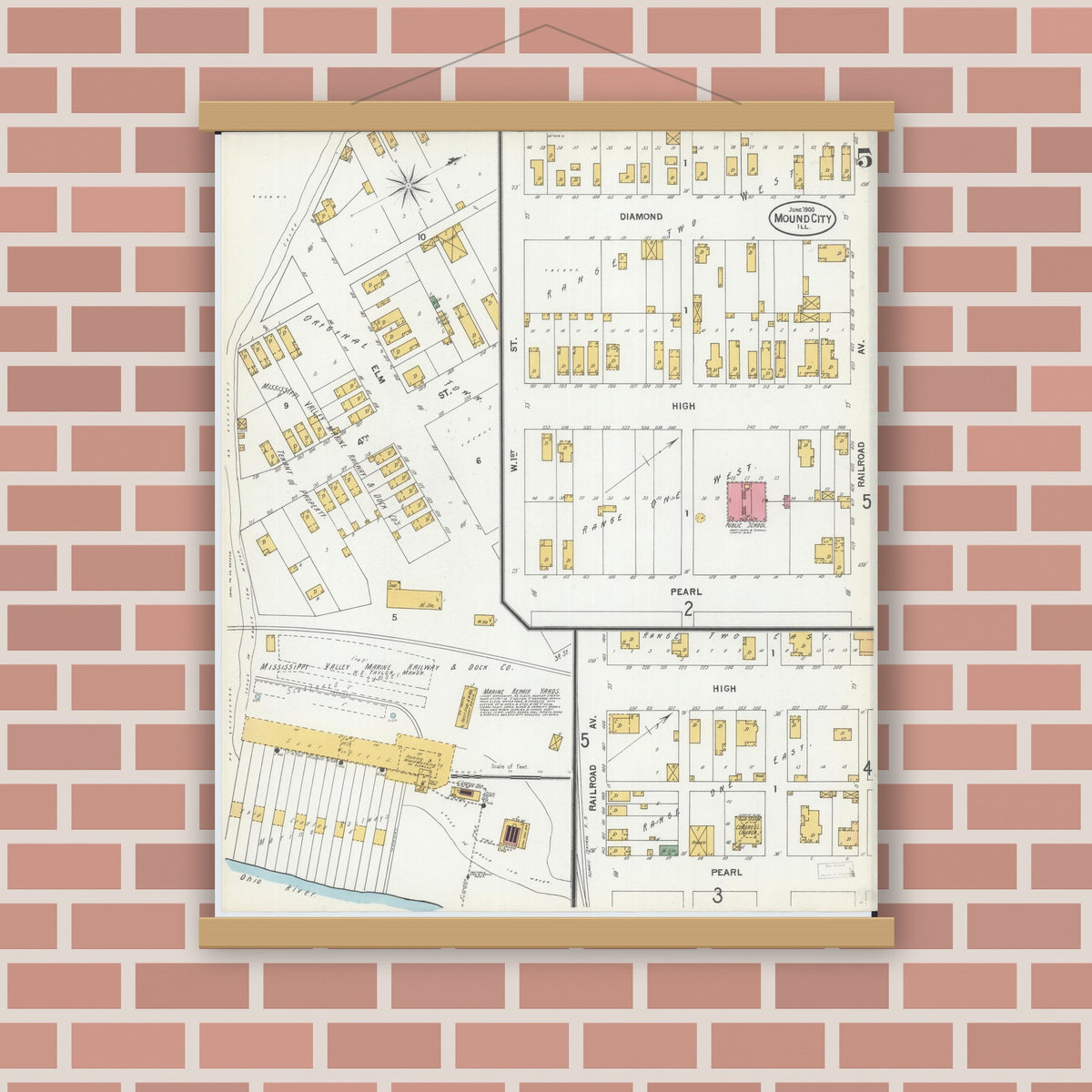Old map wall art mockup — magnetic wood frame on brick wall — Sanborn Fire Insurance Map from Mound City, Pulaski County, Illinois (1900), Sheet #0005