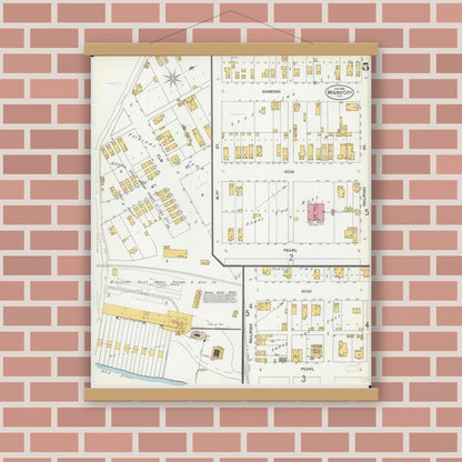 Old map wall art mockup — magnetic wood frame on brick wall — Sanborn Fire Insurance Map from Mound City, Pulaski County, Illinois (1900), Sheet #0005
