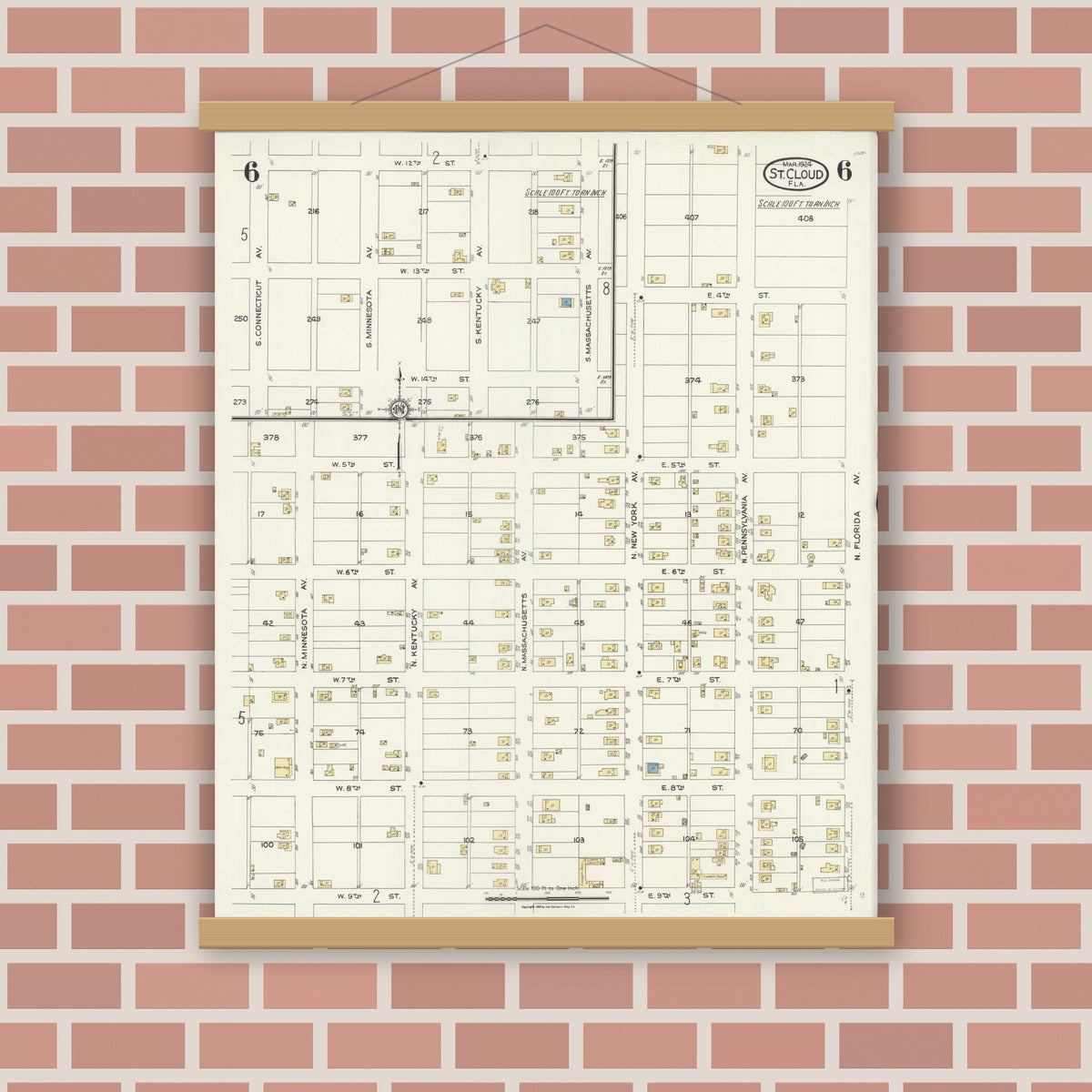 Old map wall art mockup — magnetic wood frame on brick wall — Sanborn Fire Insurance Map from Saint Cloud, Osceola County, Florida (1924), Sheet #0006