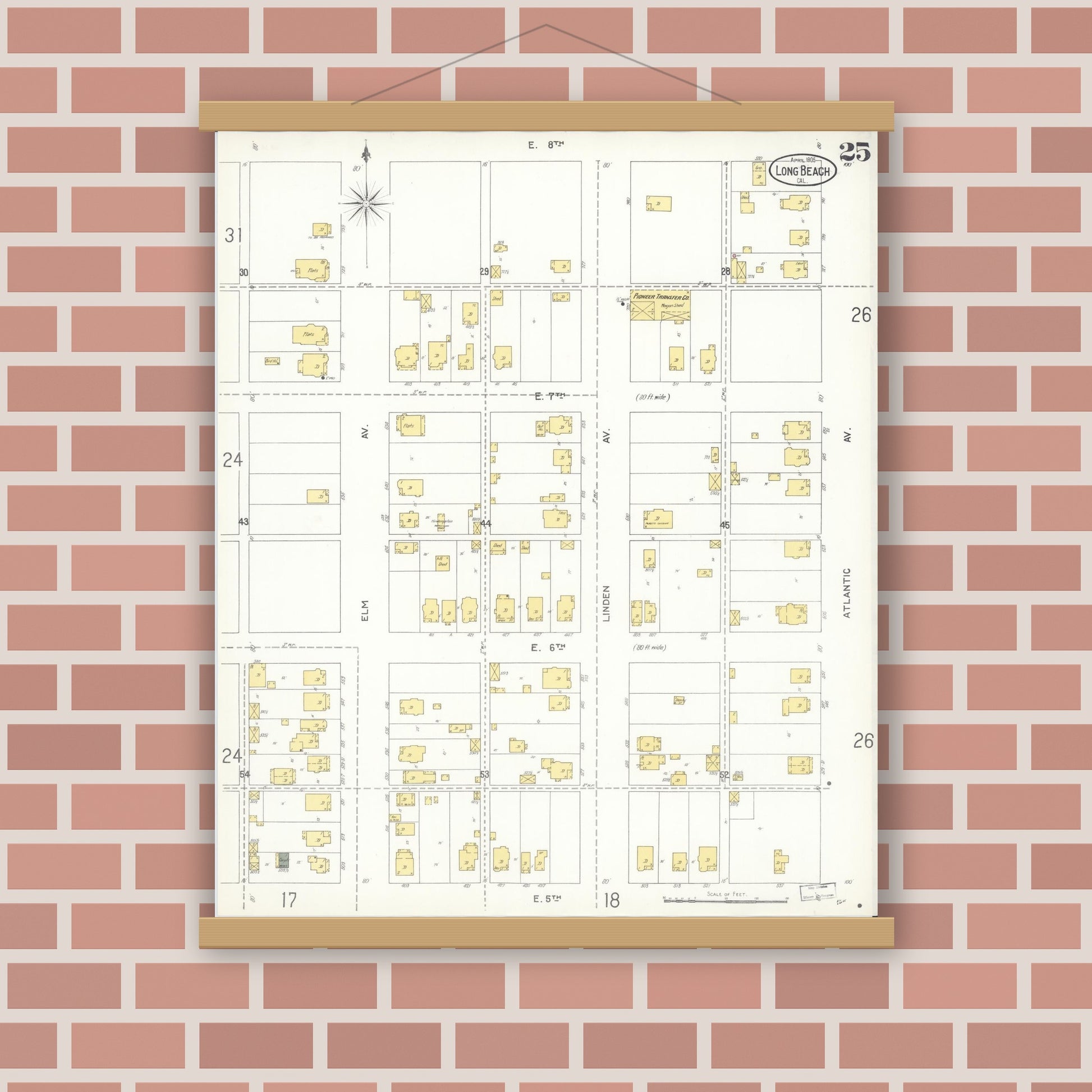 Old map wall art mockup — magnetic wood frame on brick wall — Sanborn Fire Insurance Map from Long Beach, Los Angeles County, California (1905), Sheet #0025
