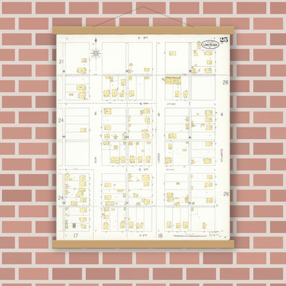 Old map wall art mockup — magnetic wood frame on brick wall — Sanborn Fire Insurance Map from Long Beach, Los Angeles County, California (1905), Sheet #0025