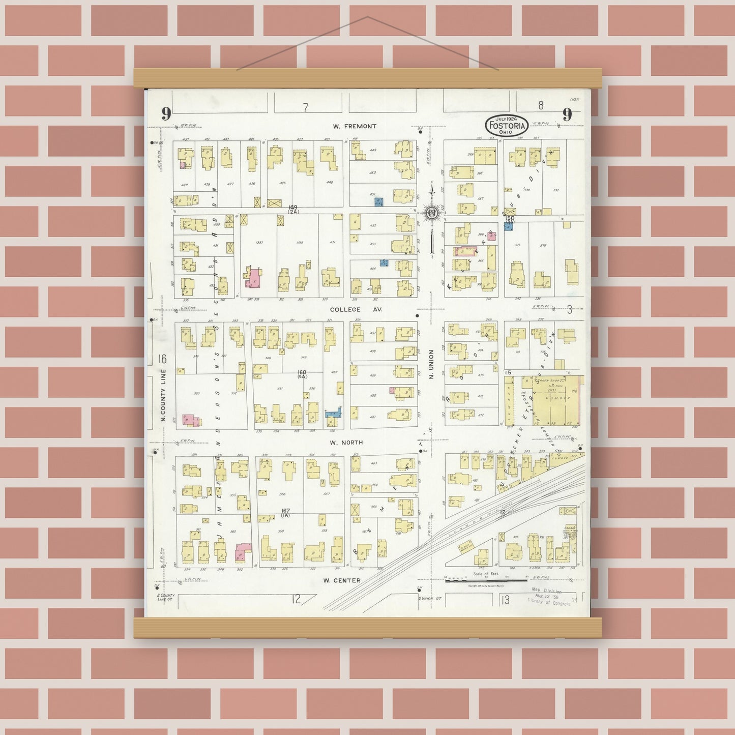 Old map wall art mockup — magnetic wood frame on brick wall — Sanborn Fire Insurance Map from Fostoria, Seneca, Hancock, And Wood Counties, Ohio (1924), Sheet #0009