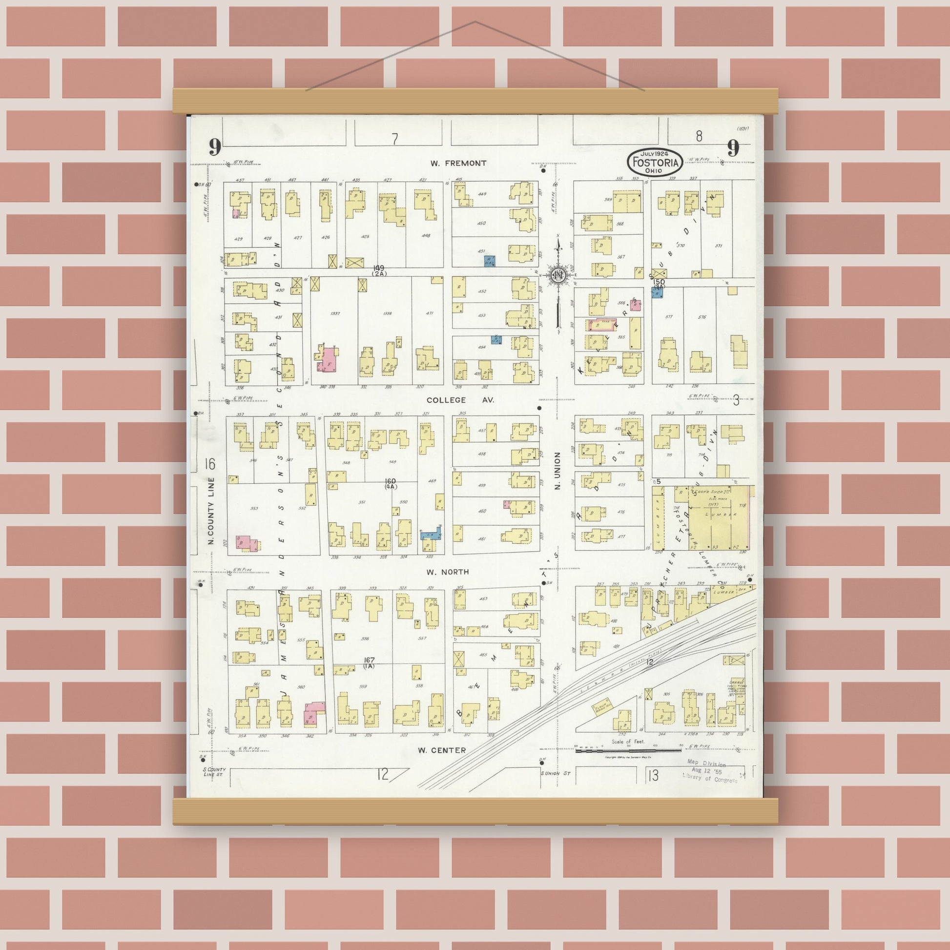 Old map wall art mockup — magnetic wood frame on brick wall — Sanborn Fire Insurance Map from Fostoria, Seneca, Hancock, And Wood Counties, Ohio (1924), Sheet #0009
