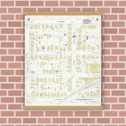 Old map wall art mockup — magnetic wood frame on brick wall — Sanborn Fire Insurance Map from Fostoria, Seneca, Hancock, And Wood Counties, Ohio (1924), Sheet #0009