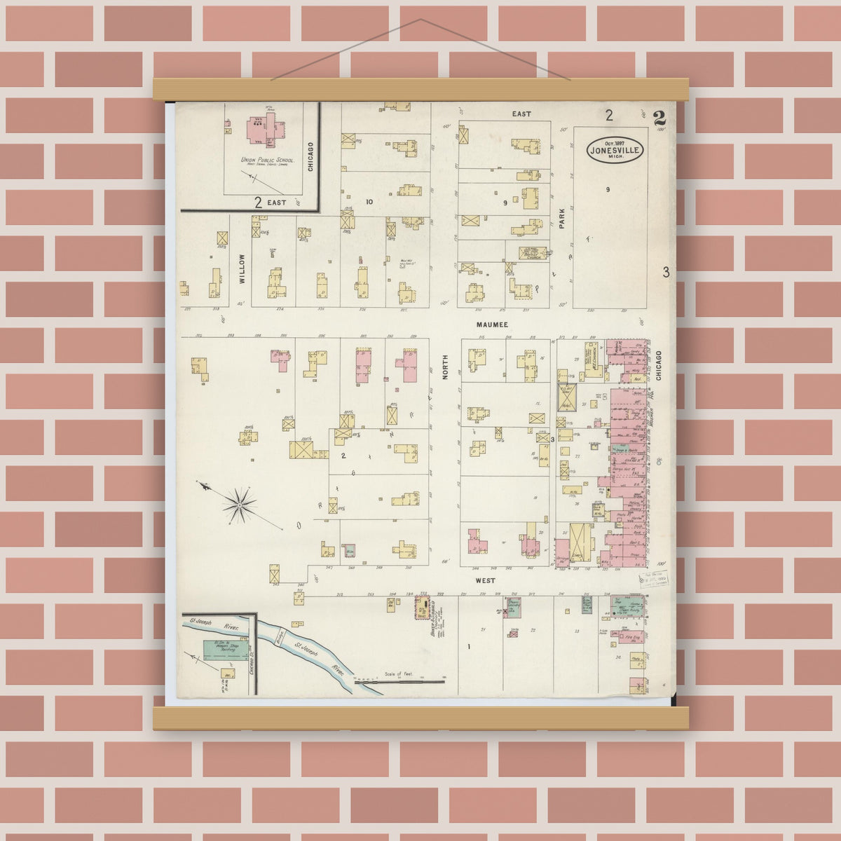 Old map wall art mockup — magnetic wood frame on brick wall — Sanborn Fire Insurance Map from Jonesville, Hillsdale County, Michigan (1897), Sheet #0002
