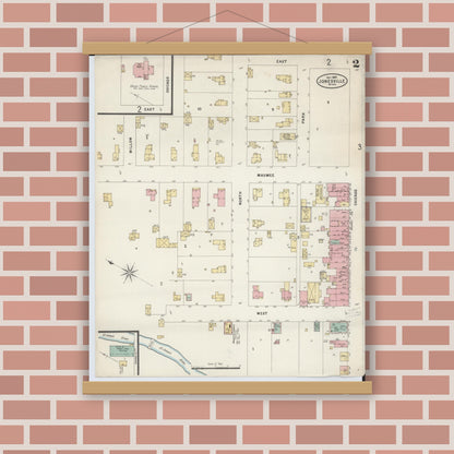 Old map wall art mockup — magnetic wood frame on brick wall — Sanborn Fire Insurance Map from Jonesville, Hillsdale County, Michigan (1897), Sheet #0002