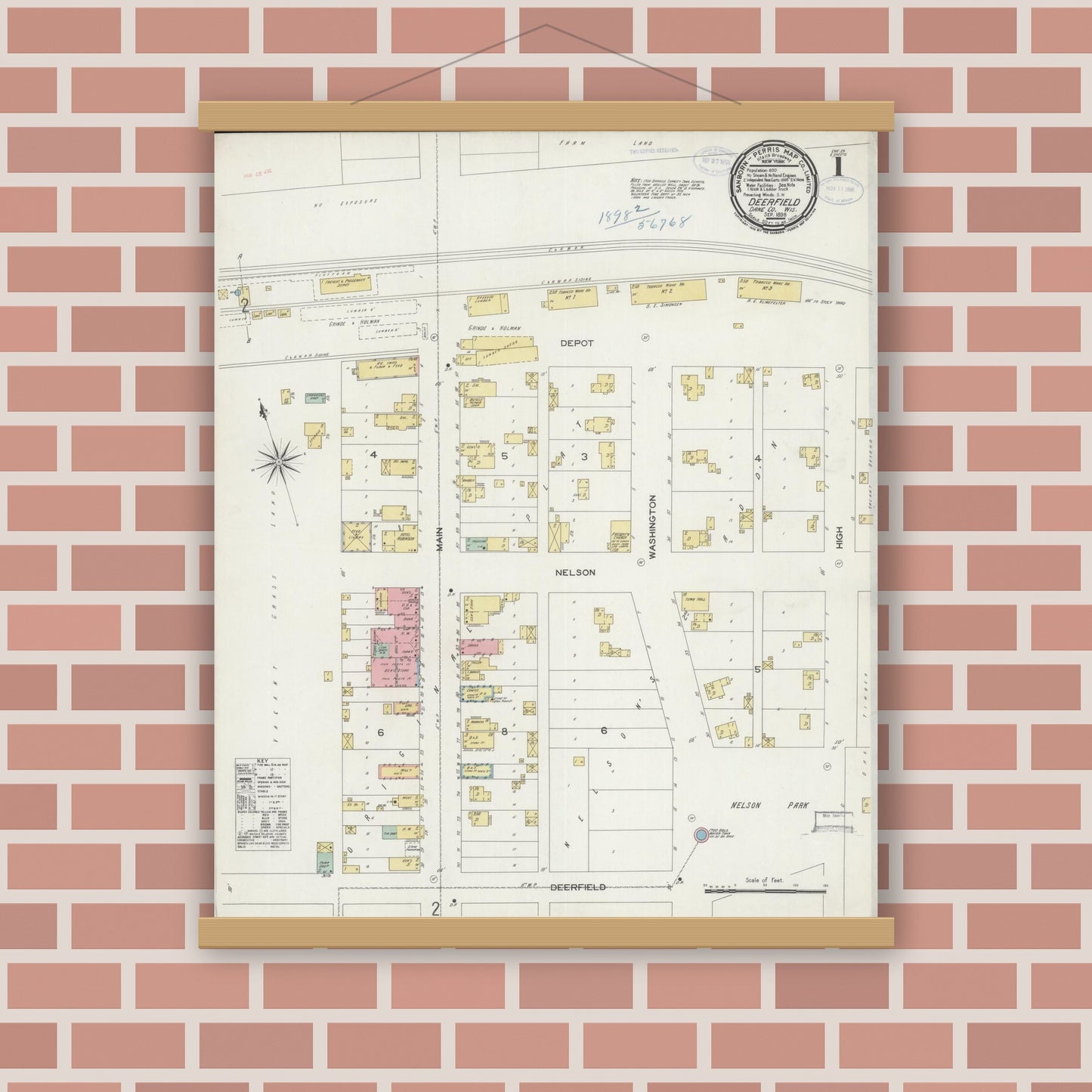 Old map wall art mockup — magnetic wood frame on brick wall — Sanborn Fire Insurance Map from Deerfield, Dane County, Wisconsin (1898), Sheet #0001