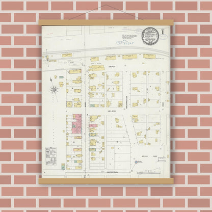 Old map wall art mockup — magnetic wood frame on brick wall — Sanborn Fire Insurance Map from Deerfield, Dane County, Wisconsin (1898), Sheet #0001